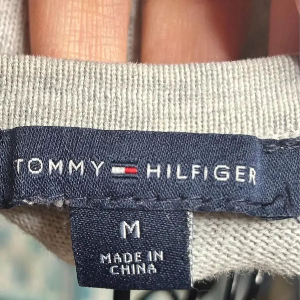 Tommy Hilfiger Argyle Sweater Gray White V-Neck Metallic Glitter Knit Medium M